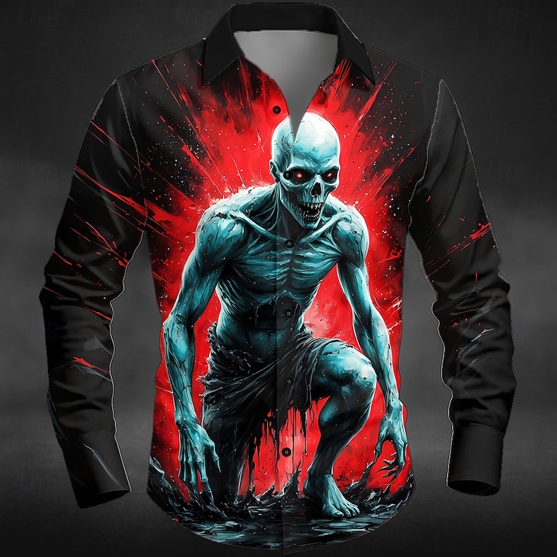 Halloween Men's Zombies Skeleton Horror Shirt Button Up Shirt Long Sleeve Dark Gothic Style Holiday Streetwear Spring Fall Turndown 3D Print Collared Shirts Black / Green Black-Red