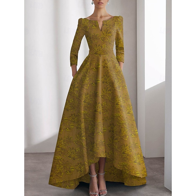 A-Line Evening Gown Elegant Formal Dress Formal Wedding Floor Length 3/4 Length Sleeve V Neck Pocket Nylon with Floral Print Ruched 20254