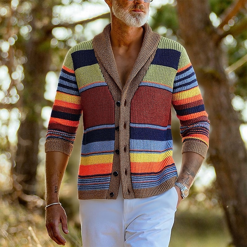 Men's Cardigan Sweater Cropped  Sweater Knit Sweater Ribbed Knit Regular Tops Buttons Stripes Shawl Lapel Fashion Classic Vacation Daily Wear Clothing Apparel Fall Winter Wine Red M L XL