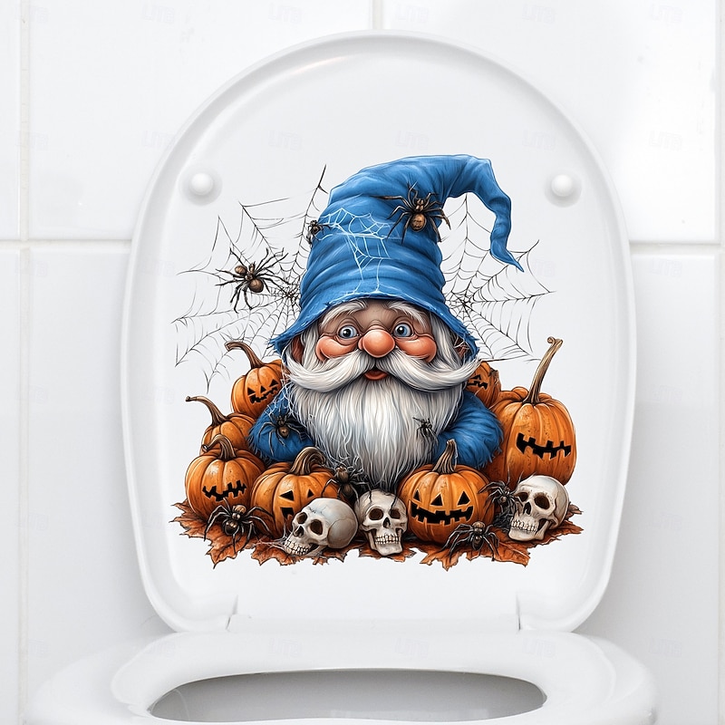 Halloween Gnome Pumpkin Toilet Sticker, Funny Toilet Seat Cover Decal, Spooky Bathroom Wall Decor for Halloween Party
