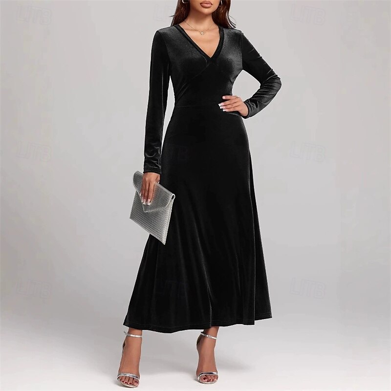 Women's Midi Dress Velvet Dress Cocktail Dress Elegant Fashion Modern Outdoor Party Party Evening Wear Regular Fit Plain Long Sleeve V Neck Black Wine Blue Purple Spring Autumn2