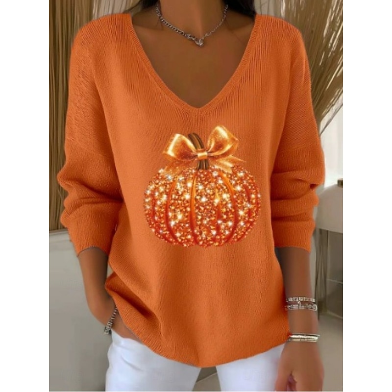 Halloween Women's Sweater Casual Soft Ribbed V Neck Knitted Long Sleeve Regular Tops Knit Outdoor Daily Black Orange Fall Winter