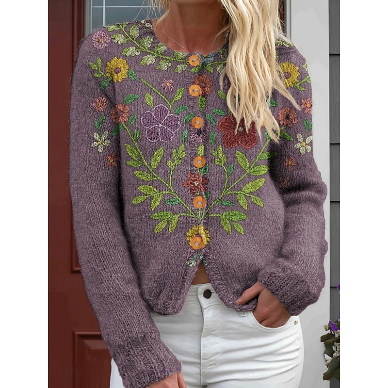 Women's Cardigan Fashion Daily Casual Floral Graphic Ribbed Crew Neck Buttons Print Long Sleeve Regular Tops Knit Outdoor Daily Date Purple Fall Winter