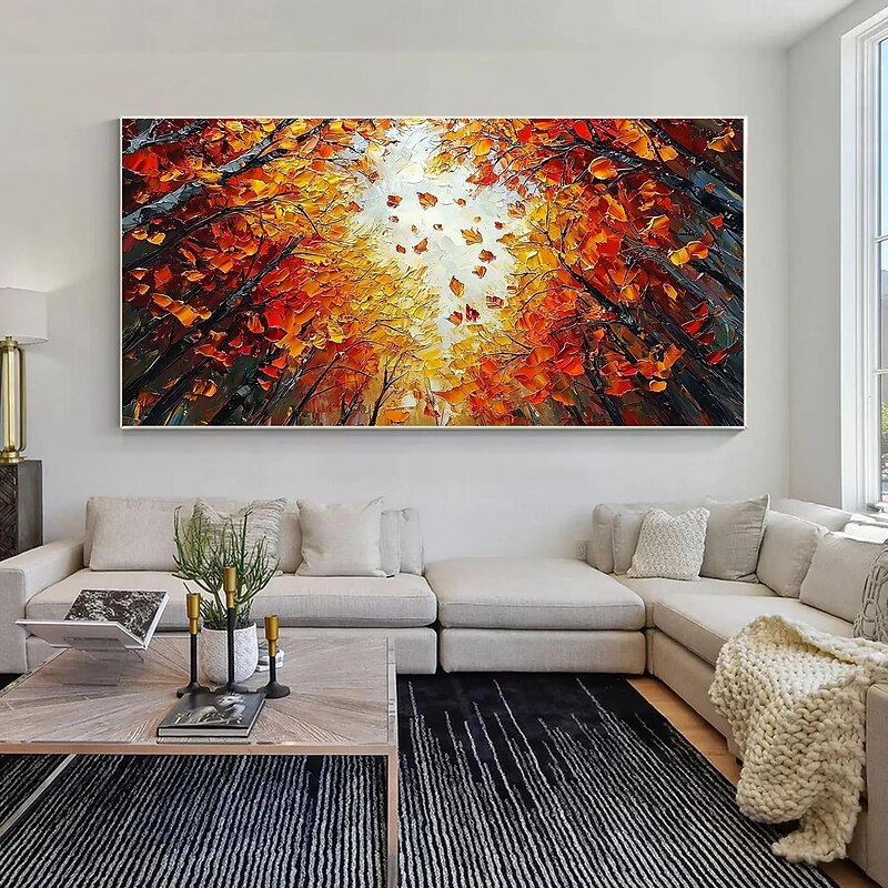 Large Abstract Sunset Forest Oil Painting On Canvas, Original Colorful Autumn Wall Art, Tree Landscape Wall Decor, Modern Living Room Decor2