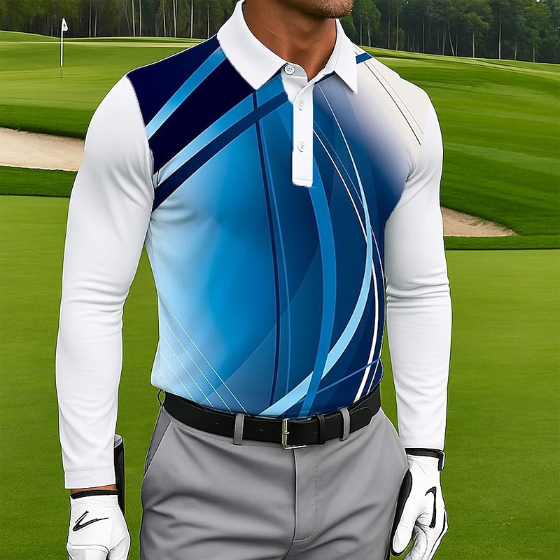 Men's Geometic Golf Polo Long Sleeve Polo Shirts Lapel Casual Outdoor Athleisure Daily Wear 3D Print Buttons Spring Fall Winter Lake blue Red Blue