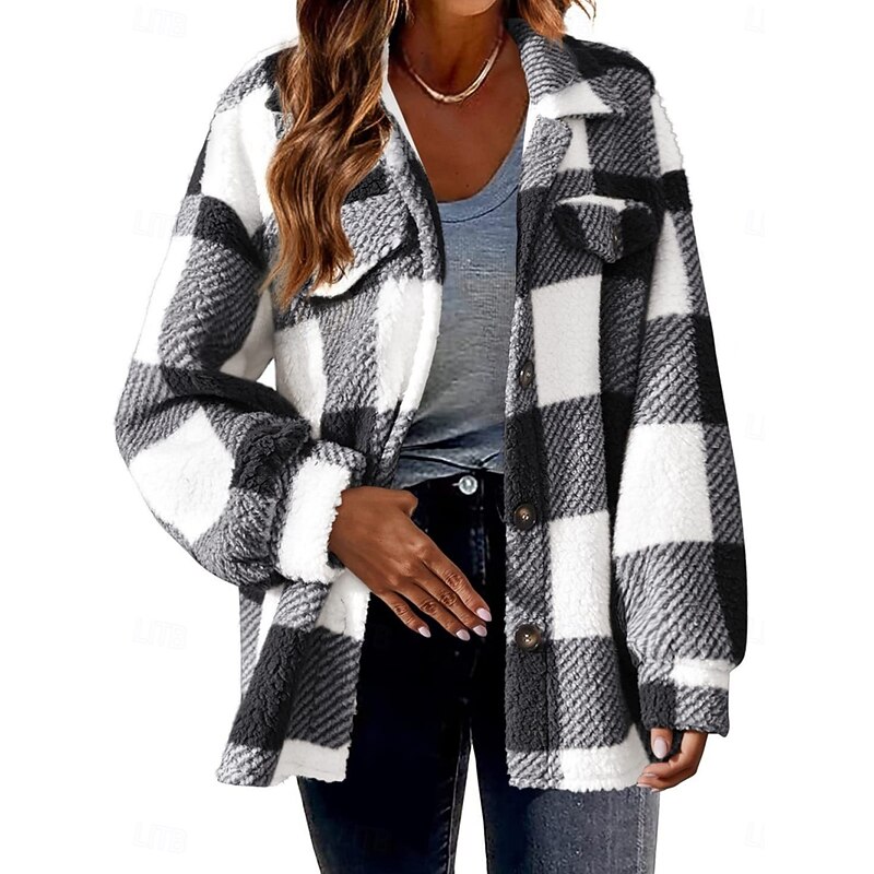 Women's Sherpa Jacket Casual Jacket Comfortable Breathable Pocket Buttons Print Casual Plaid Vacation Street Casual Daily Wear Single Breasted Regular Turndown Regular Fit Long Sleeve Outerwear Black3