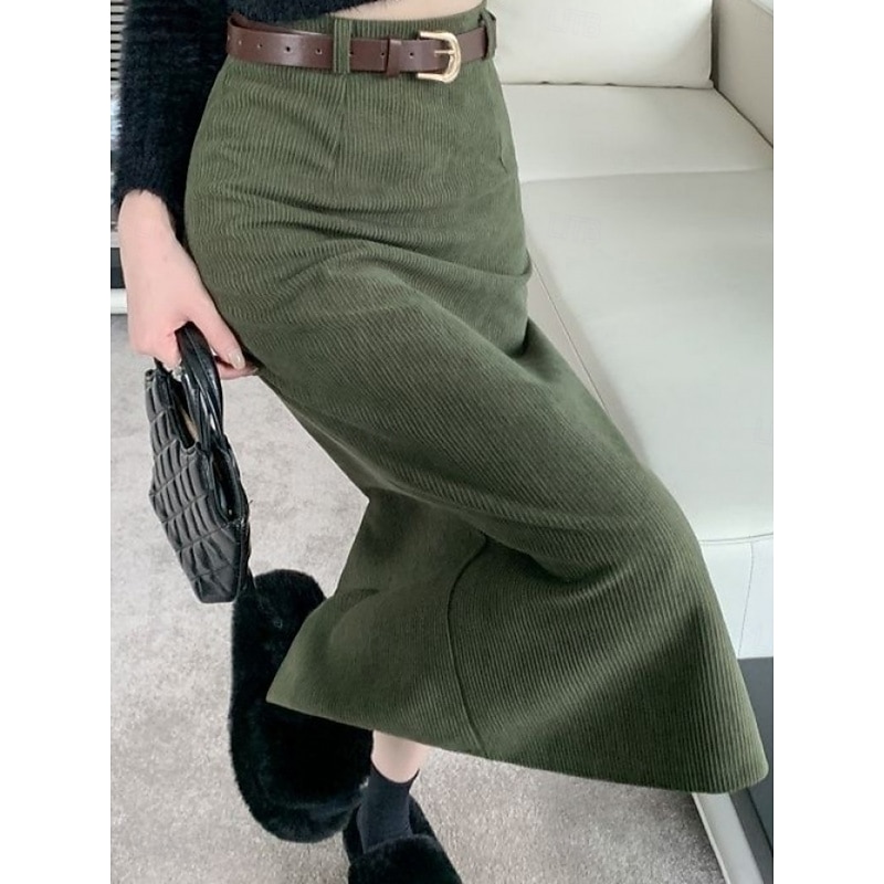 Women's Skirt A Line Fashion Casual Midi High Waist Skirts Plain Micro-elastic Street Daily Black Army Green Khaki Spring Corduroy