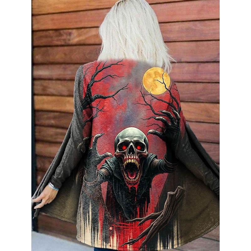 Women's Coat Lightweight Comfortable Print Vintage Fashion Artistic Casual Skull Casual Long Collarless Regular Fit Long Sleeve Outerwear Red Purple Green Spring Fall4