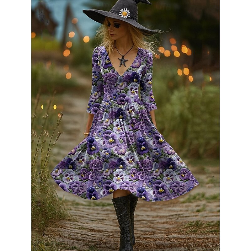 Halloween Women's Witch Print Midi Dress A Line Dress Vacation Party Casual Party Regular Fit Graphic Pumpkin Long Sleeve V Neck Black Purple Orange Brown Spring Fall4