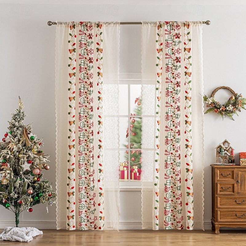 Christmas Decoration Transparent Sheer Curtains, European Style Living Room & Bedroom Window Drapes