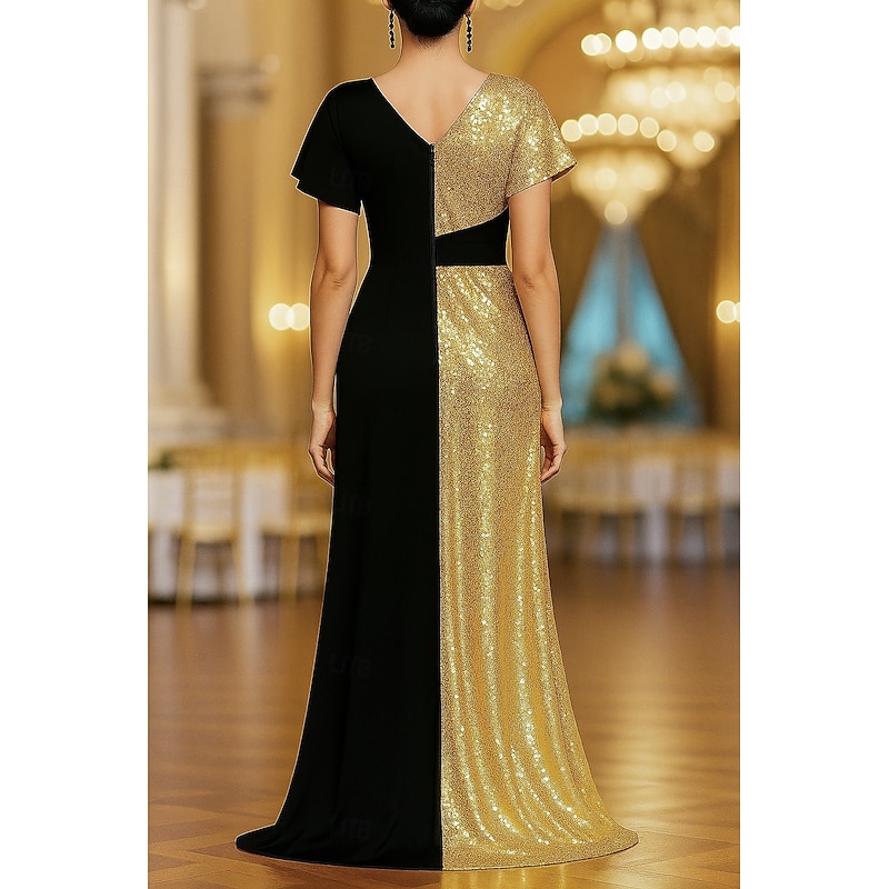Black Gold A-Line Evening Gown Elegant Formal Dress Formal Wedding Floor Length Short Sleeve V Neck Capes Satin with Glitter 20252