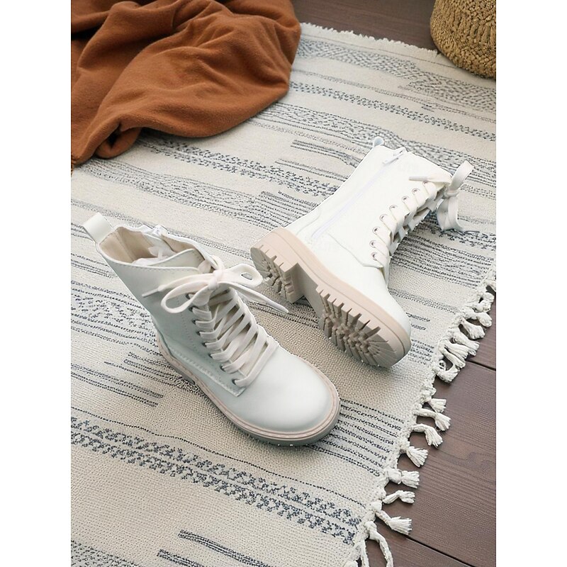 Korean Idol Inspired Pop Star Costume Shoes Girls' White Mid-Calf Combat Boots with Lace-Up Design and Side Zipper for Dance Performances and Stage Outfits3