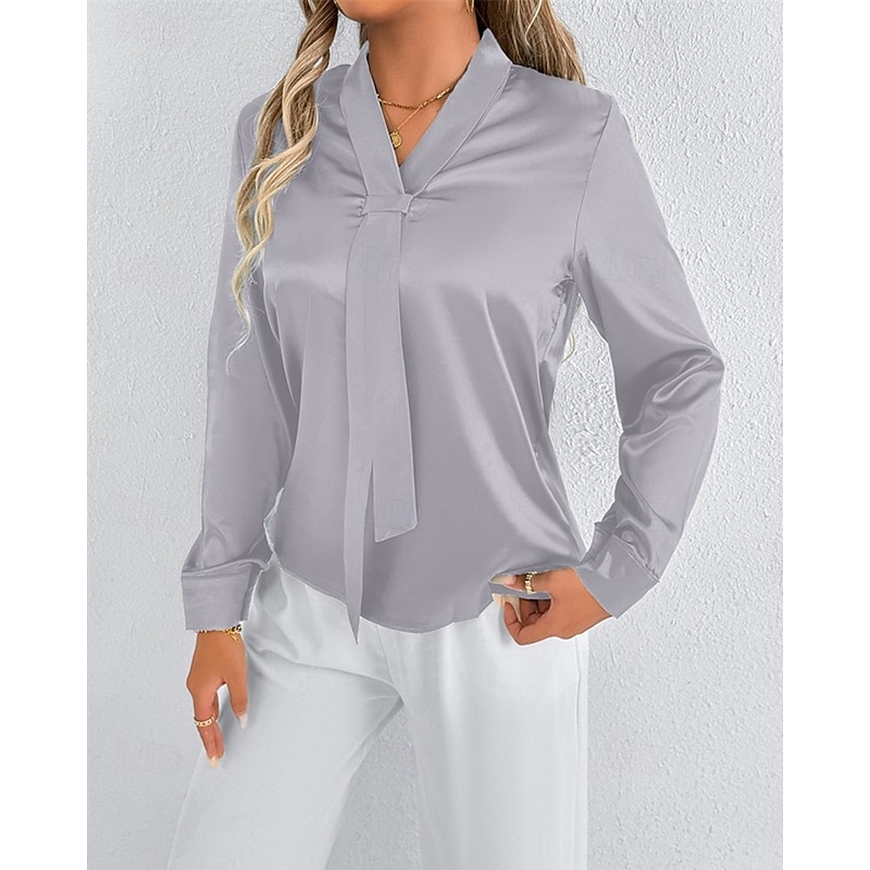 Women's Shirt Elegant Dressy Satin Solid Color Stylish Casual Long Sleeve V Neck Regular Tops Daily Going out Tie Front Green Light Grey Spring Fall4