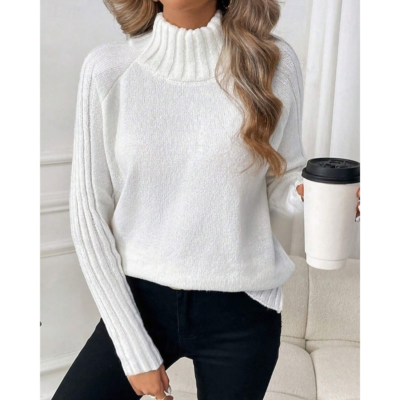 Women's Sweater Pullover Fashion Casual Solid Color Ribbed Turtleneck Knitted Long Sleeve Regular Tops Knit Outdoor Daily Weekend White Fall Winter4