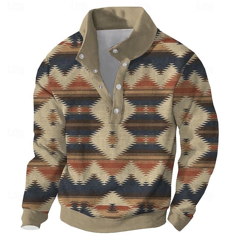 Men's Patchwork Sweatshirt Ethnic Vintage Retro High Neck Outdoor Sports Outdoor Travel Blue Brown Buttons Fall Winter Designer - Main Image