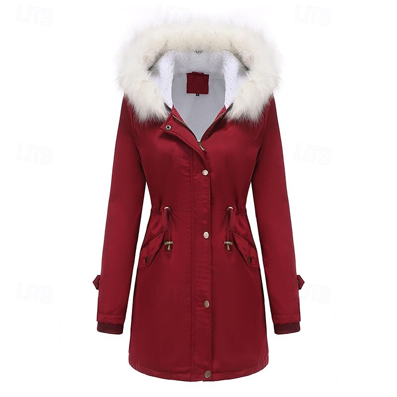 Women's Parka Warm Comfortable Zipper Pocket With Belt Fur Collar Casual Solid Color Vacation Street Casual Daily Wear Long Hooded Regular Fit Long Sleeve Outerwear Black Pink Wine Winter3