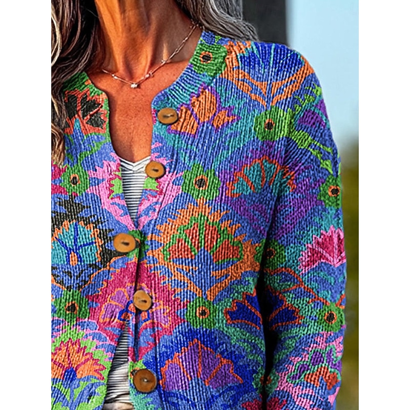 Women's Cardigan Daily Graphic Geometric Ribbed Crew Neck Floral Buttons Print Long Sleeve Regular Tops Knit Outdoor Weekend Blue Spring Fall3