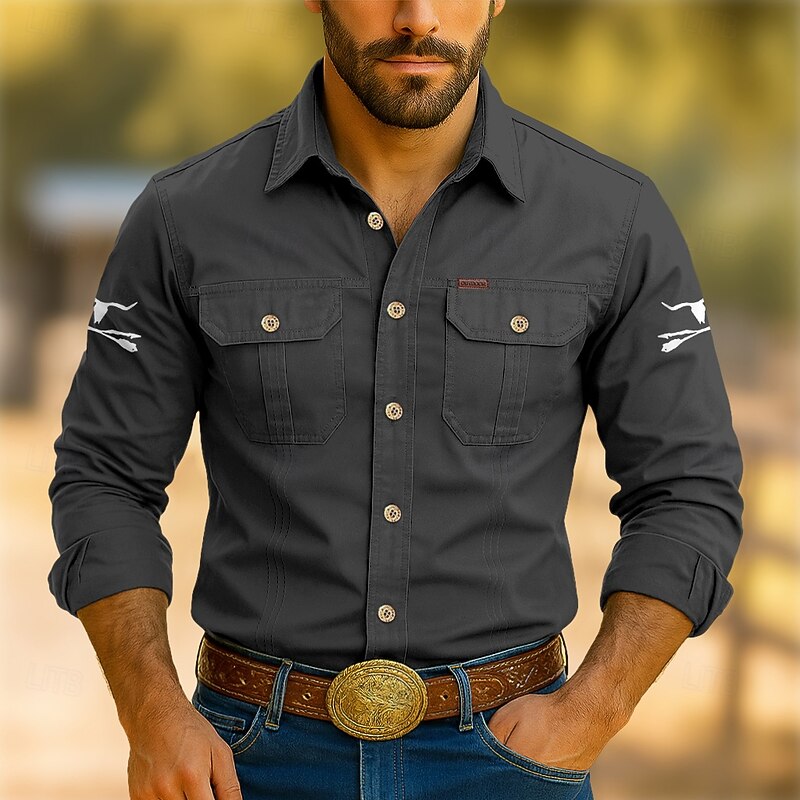 Men's Work Shirt Western Shirt Cargo Shirt Black Army Green Dark Blue Long Sleeve Cow Print Turndown Sports Outdoor Casual Clothing Apparel Casual Tactical4