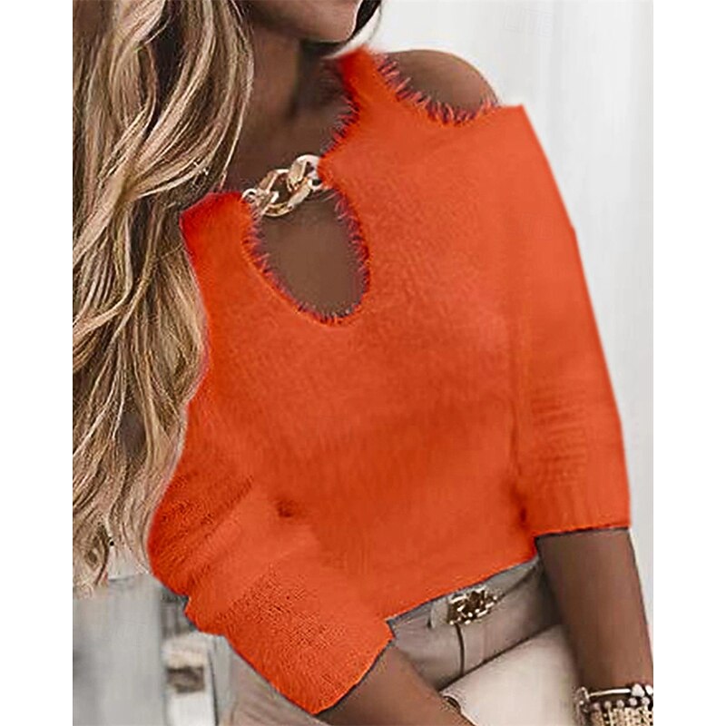 Women's Sweater Fashion Casual Soft Pure Color Ribbed Crew Neck Knitted Cold Shoulder Long Sleeve Regular Tops Knit Outdoor Daily Weekend Orange Fall Winter