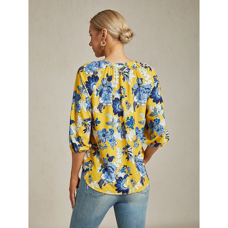 Women's Female Casual Shirt Floral Casual T-shirt Sleeve Yellow Floral 3/4 Sleeve Vacation V Neck2