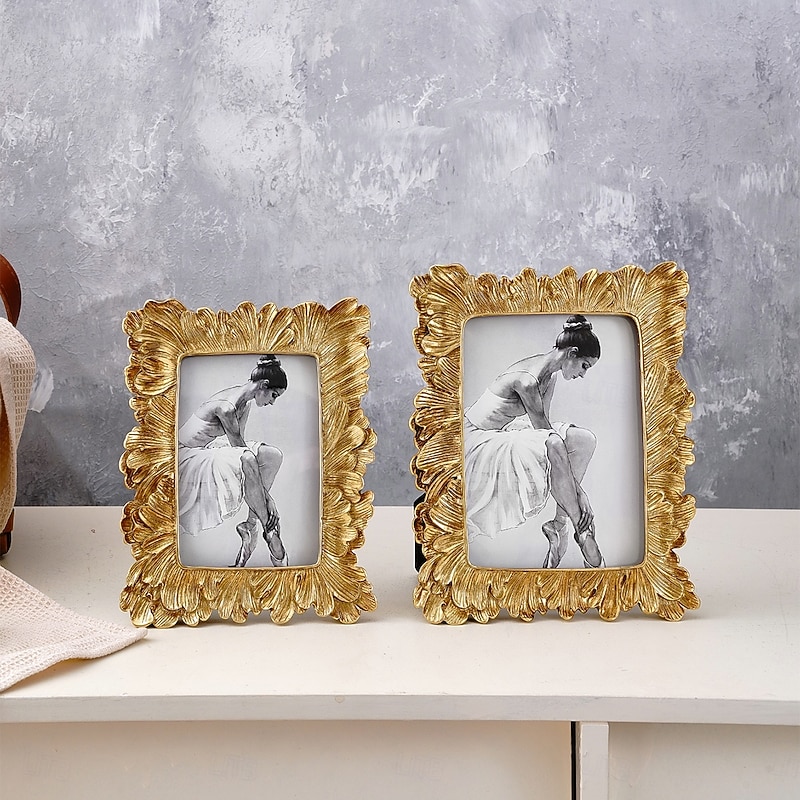 Vintage Gold Palm Leaf Pattern Photo Frame, Resin Horizontal & Vertical Display Picture Frame for Home Decoration, Family Photos and Photography Props - Main Image