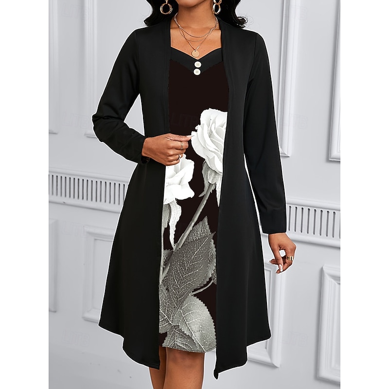 Women's Midi Dress A Line Dress Casual Daily Regular Fit Floral Long Sleeve V Neck Black Summer Spring Fall