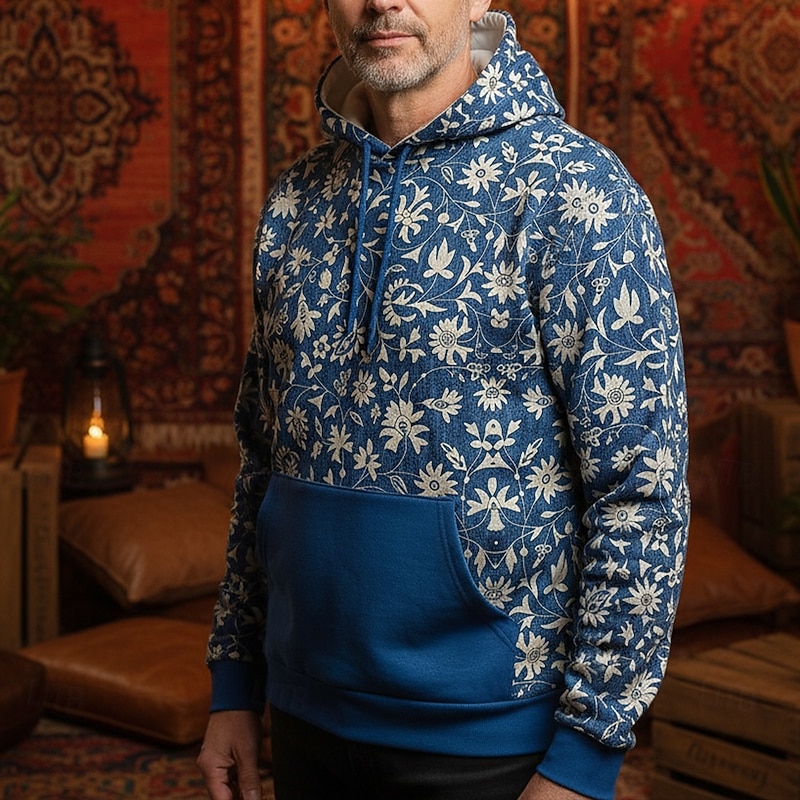Men's Boho Paisley Damask Flower / Floral Hoodie Fashion Daily Hooded Vacation Party Streetwear Blue Dark Blue Printing Fall Winter Designer2