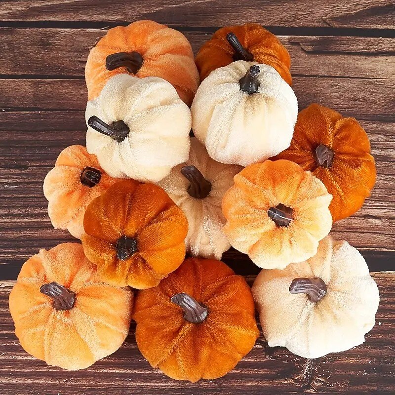 Fall Thanksgiving Velvet Artificial Pumpkins Set, 10pcs Elegant Autumn Harvest Decorations for Halloween Party, Farmhouse Home Decor, Seasonal Table Centerpieces