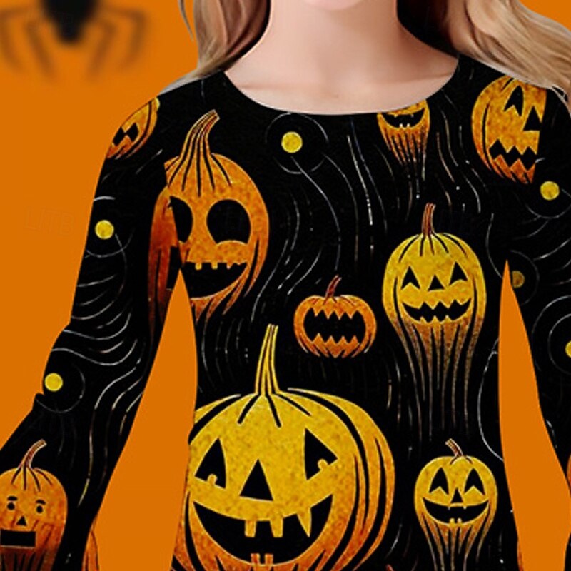 Halloween Girls' 3D Pumpkin Dress Ruffle Dress Long Sleeve Summer Spring Vacation Daily Holiday Beautiful Sweet Kids 4-12 Years Casual Dress Knee-length Regular Fit2
