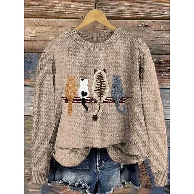 Women's Sweater Pullover Daily Casual Graphic Animal Ribbed Crew Neck Knitted Print Long Sleeve Regular Tops Knit Outdoor Weekend Khaki Fall Winter