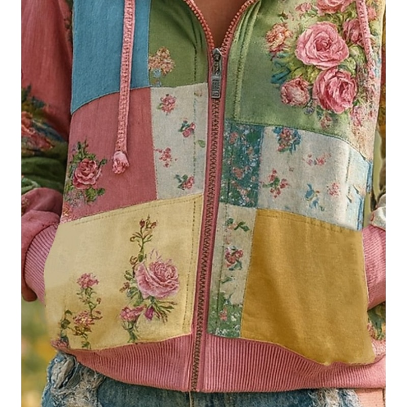 Women's 3D Print Vintage Boho Hoodie Patchwork Hoodie Sweatshirt Floral Zip Up s Floral Punk Active Vintage Long Sleeve Hooded Regular Tops Home Dailywear Casual Patchwork Pink Spring Fall Winter2