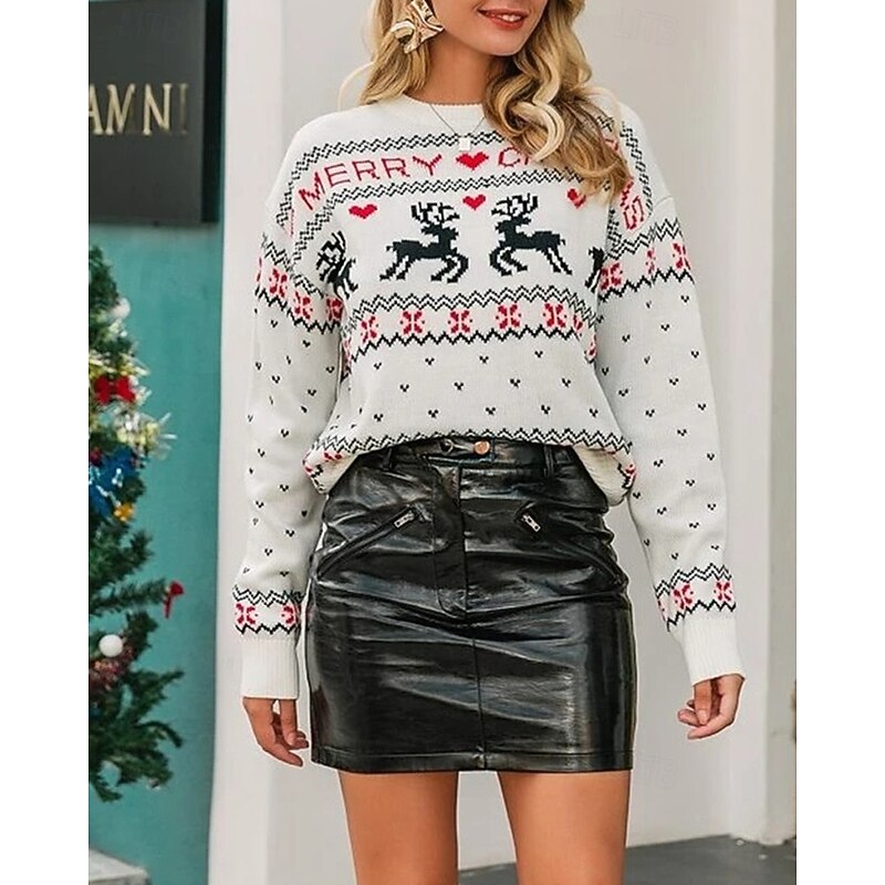 Women's Sweater Pullover Fashion Casual Reindeer Ribbed Crew Neck Knitted Print Long Sleeve Regular Tops Knit Christmas Outdoor Daily White Fall Winter4
