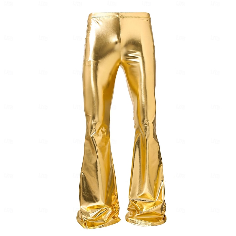Men's Trousers Dress Pants Bell Bottom Flared Pants Faux Leather Pants Pocket Plain Comfort Full Length Party Stage Going out Fashion Streetwear Gold Stretchy2
