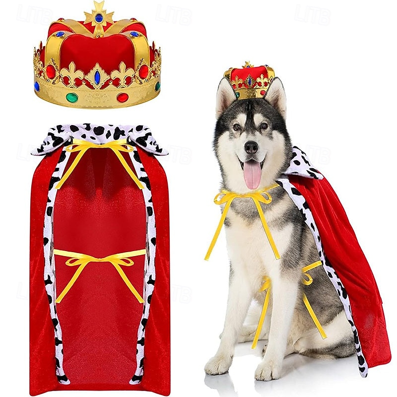 2pcs Royal Dog Costume Set King Cape and CrownAll-Season Pet Garment for Medium Breeds Funny Dog Clothes for Halloween Kings and Princes Outfit for Small to Large Dogs