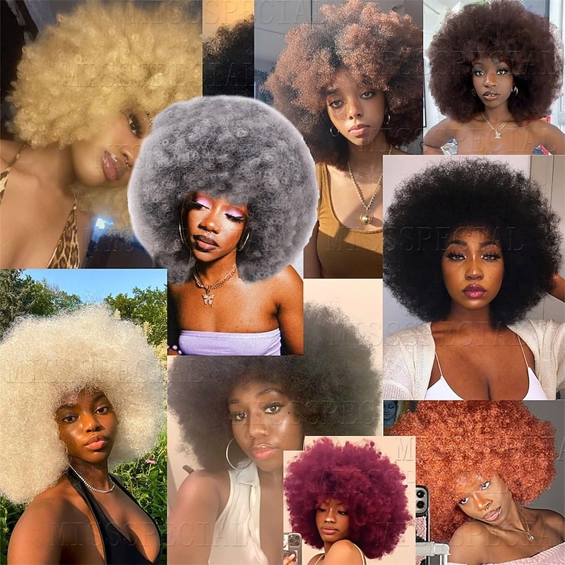 Afro Wig 70s Curly Wigs for Black Women Glueless Afro Wigs Large Bouncy and Soft Natural Looking Full Wigs Big Afro Puff Wig With Bangs Synthetic Hair Afro Wig for Daily (Dark Gray)4