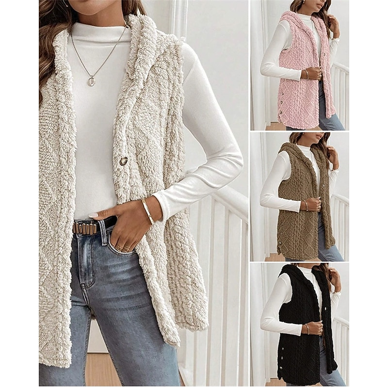 Women's Casual Jacket Warm Comfortable Buttons Fashion Outdoor Plain Going out Weekend Single Breasted Regular Hooded Regular Fit Long Sleeve Outerwear Black Pink Brown Fall Winter