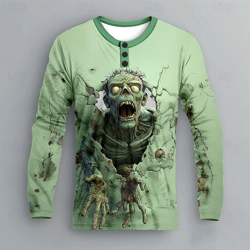 Men's Halloween Zombies Henley Shirt Long Sleeve Fashion Cute Daily Casual Holiday Going out Spring Fall Spring &  Fall Blue Green Purple Khaki Henley Henley T-Shirt