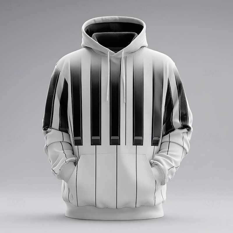 Men's Optical Illusion Pano Keys Hoodie Sweatshirt Fashion Cool Crew Neck Home Party Streetwear White Brown Drawstring Fall Winter Designer