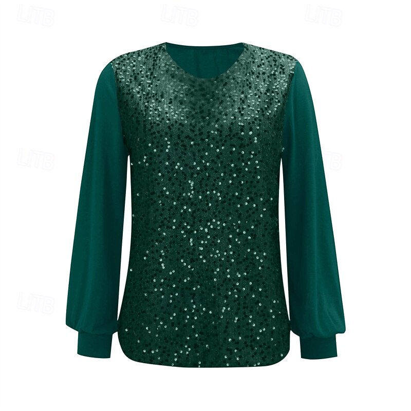 Women's T Shirt Tee Top Solid Color Fashion Stylish Classic Long Sleeve Crew Neck Regular Tops Daily Weekend Sequins Patchwork Green Spring Fall2