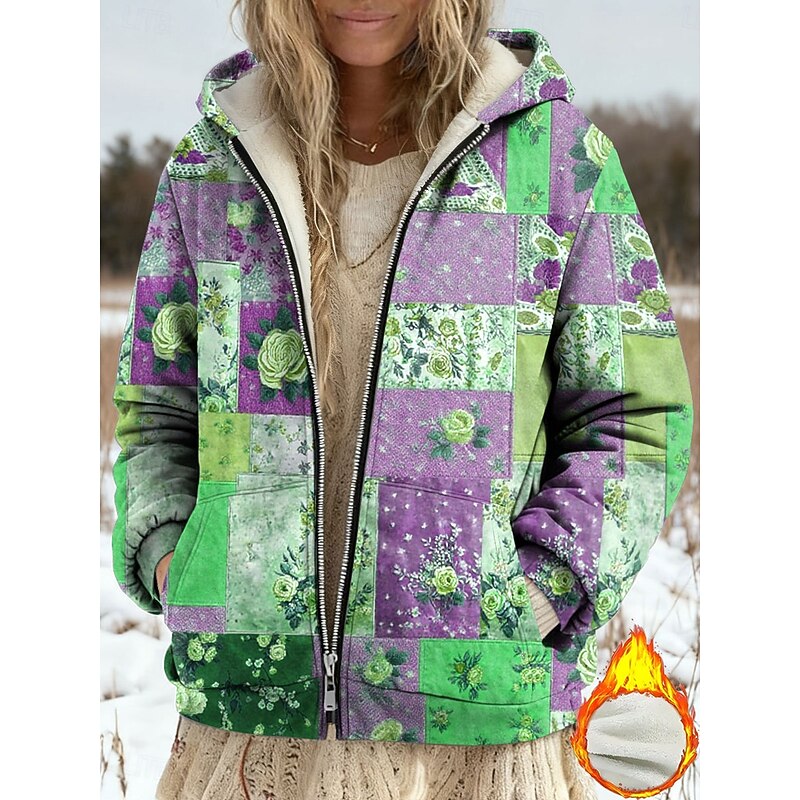 Women's Winter Coat Fleece Jacket Casual Jacket Warm Zipper Pocket Print Fashion Casual Floral Street Casual Regular Hoodie Loose Fit Long Sleeve Outerwear Blue Purple Green Spring Fall3