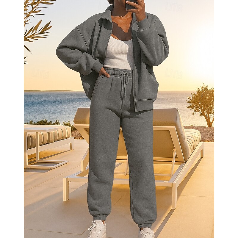 Women's 2 Piece Tracksuit Sweatsuit Sets Sportswear Zip Up Baggy Solid Colored Clothing Suit Fall Black Pink Vocation Outdoor Travel Lightweight Fashion Long Sleeve Sport Activewear Micro-elastic3