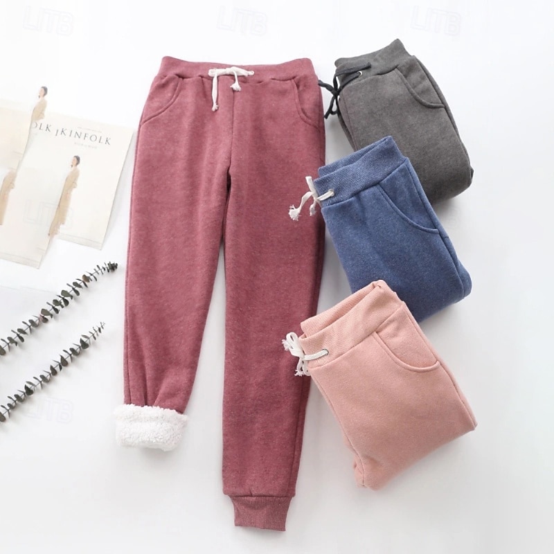 Women's Sweatpants Chinos Harem Pants Vacation Vintage Streetwear Full Length Medium Waist Plain Pocket Elastic Waist Basic Warm Micro-elastic High Elasticity Outdoor Vacation Street claret Light