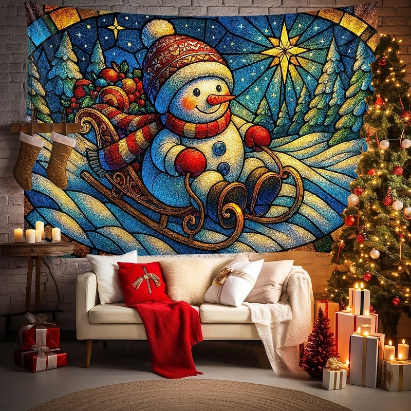 Christmas Wall Tapestry Backdrop, Cute Snowman with Scarf and Gift,2025 Xmas Winter Wonderland Wall Hanging, Festive Holiday for Bedroom Living Room Party Decoration