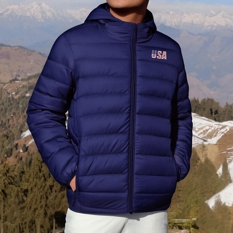 Men's Flag Print USA Winter Coat Down Jacket Puffer Jacket Thermal Warm Rain Waterproof Lightweight Casual Outdoor Daily Padded Quilted Hooded Jacket Fall Winter Hooded Long Sleeve Black Army Green2