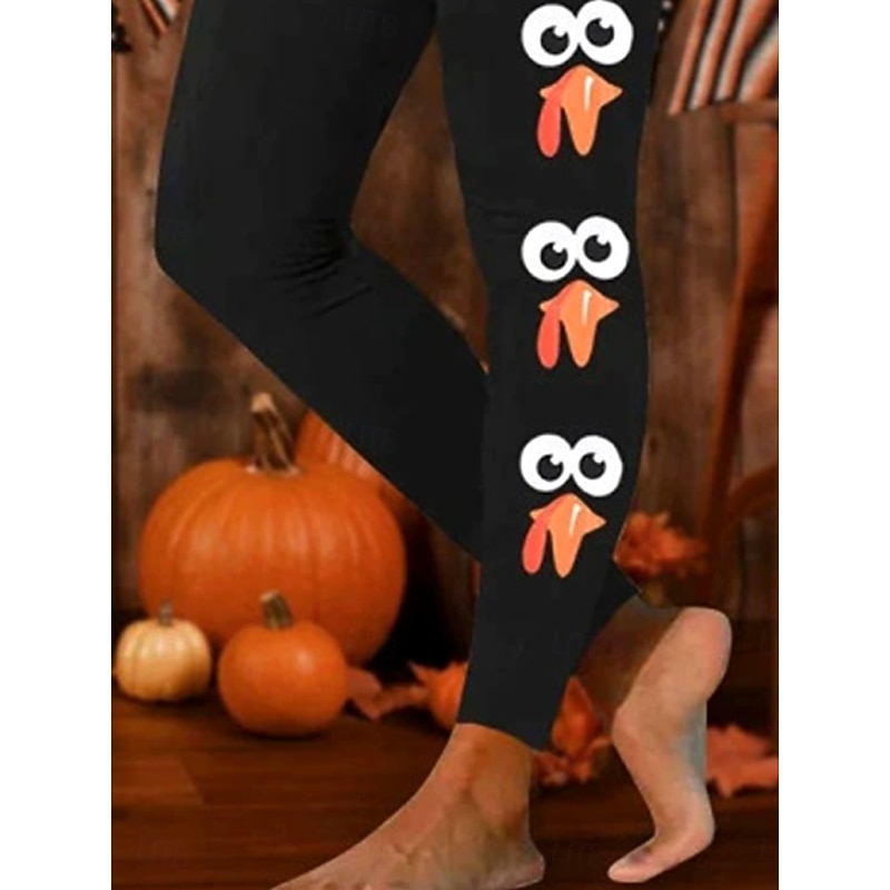 Women's Leggings Vacation Vintage Fashion Full Length High WaistPantsThanksgiving Day Graphic Printing Thermal Warm Soft Breathable Stretchy Formal Outdoor Vacation Black Orange Fall Winter Slim Fit3
