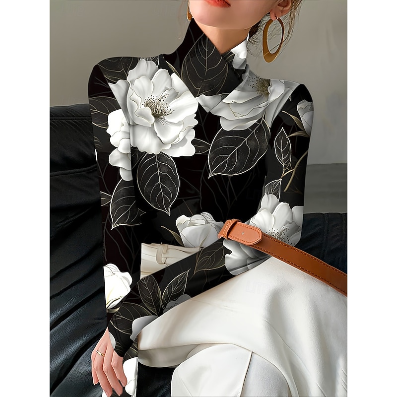Women's T Shirt Floral Graphic Plants Elegant Vintage Stylish Long Sleeve Turtleneck High Neck Regular Tops Going out Black Pink Fall Winter2