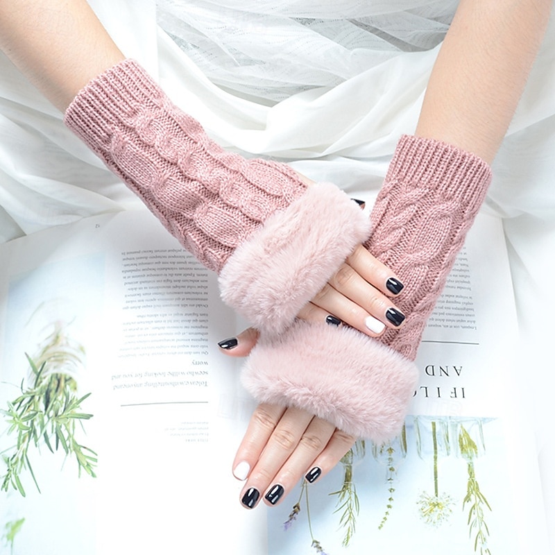 Women Half-Finger Knitted Gloves, Fall and Winter Warm Fingerless Twist Cable Hand Gloves, Solid Color Knit Wrist Warmers