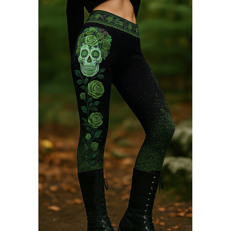 Halloween Women's Leggings Vacation Vintage Ethnic Style Full Length High Waist Graphic Skull 3D Print Quick Dry Breathability Soft Stretchy Formal Outdoor Vacation Pink Blue Purple Green Fall Winter4