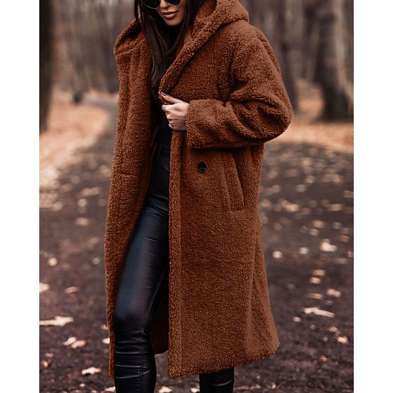 Women's Winter Coat Fleece Jacket Warm Comfortable Pocket Buttons Fashion Casual Plain Vacation Street Casual Daily Wear Single Breasted Long Hooded Regular Fit Long Sleeve Outerwear Brown Fall Winter