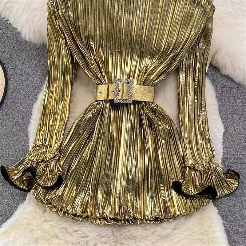 Women's Midi Dress Sequin Dress Elegant Fashion Modern Outdoor Party Daily Regular Fit Plain Long Sleeve Crew Neck Gold Spring Autumn